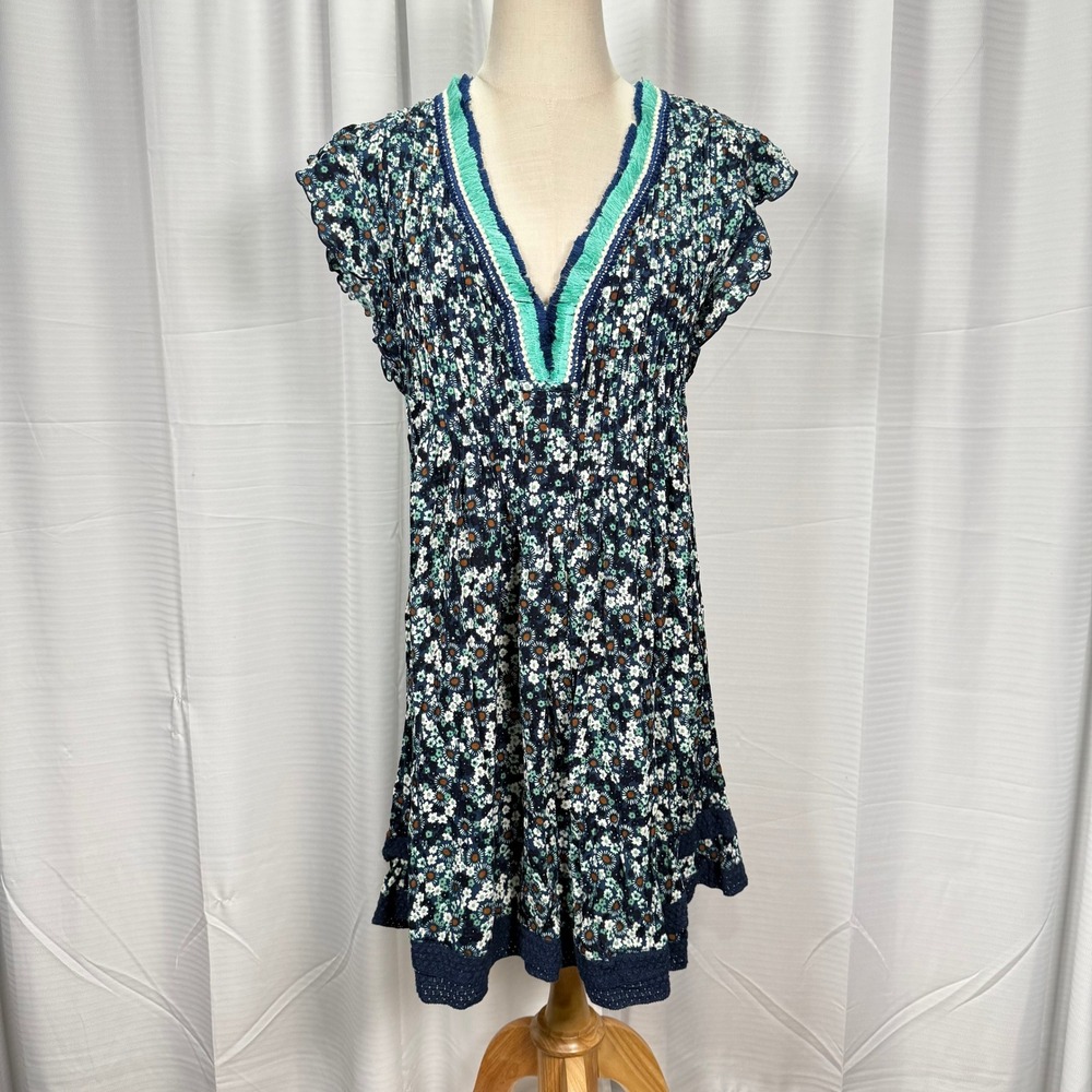 Poupette St Barth Sasha V Mini Dress Blue Floral Smocked Viscose Boho Size M
